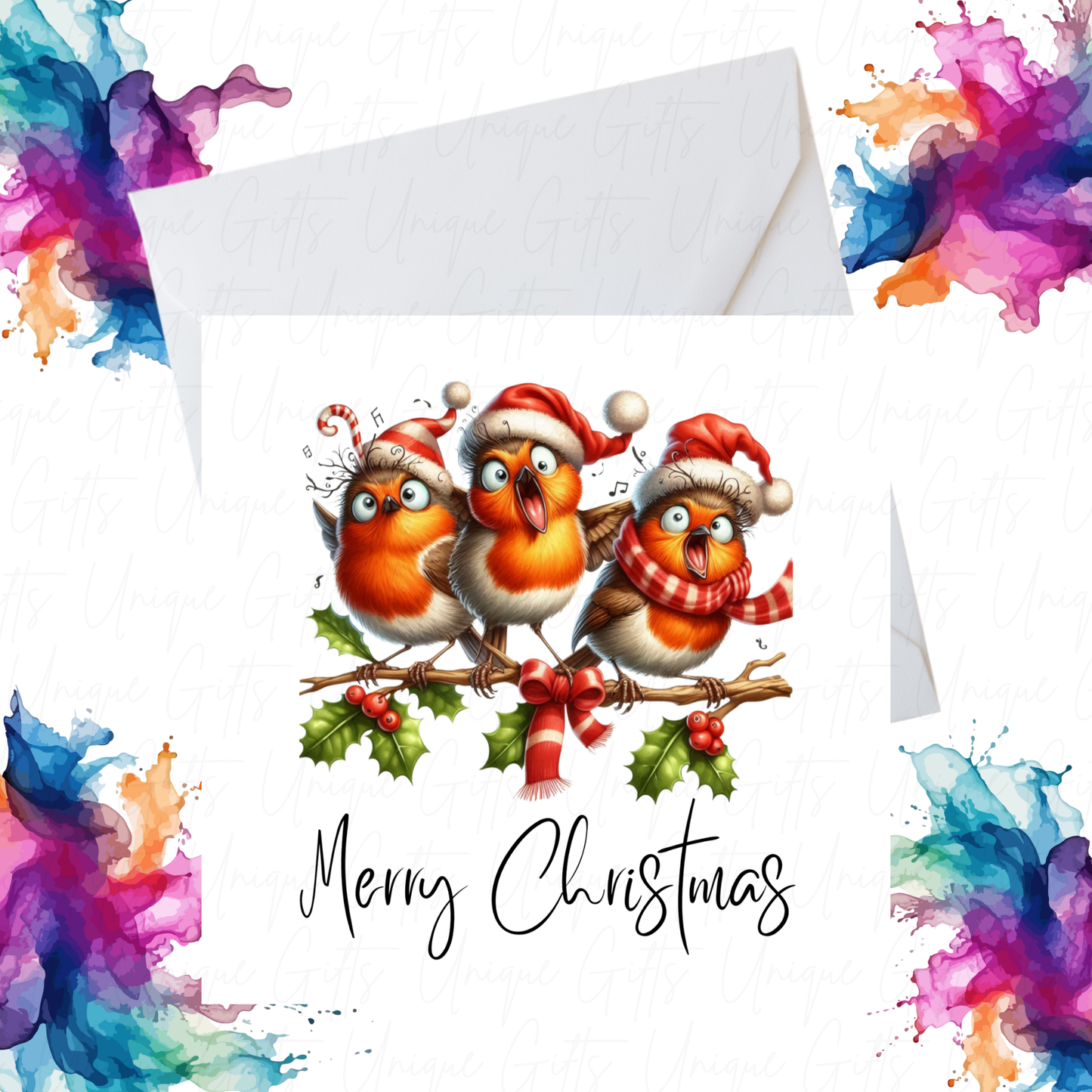Christmas Card – Singing Robins Design, Handmade Personalised Holiday Greeting Card