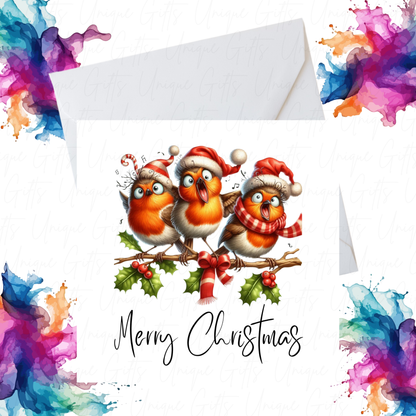 Christmas Card – Singing Robins Design, Handmade Personalised Holiday Greeting Card