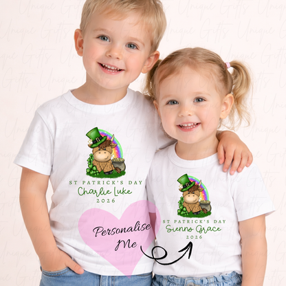 Personalised St Patrick's Day highland cow children's t-shirt – custom name kids tee, sizes 6 months to 5-6 years