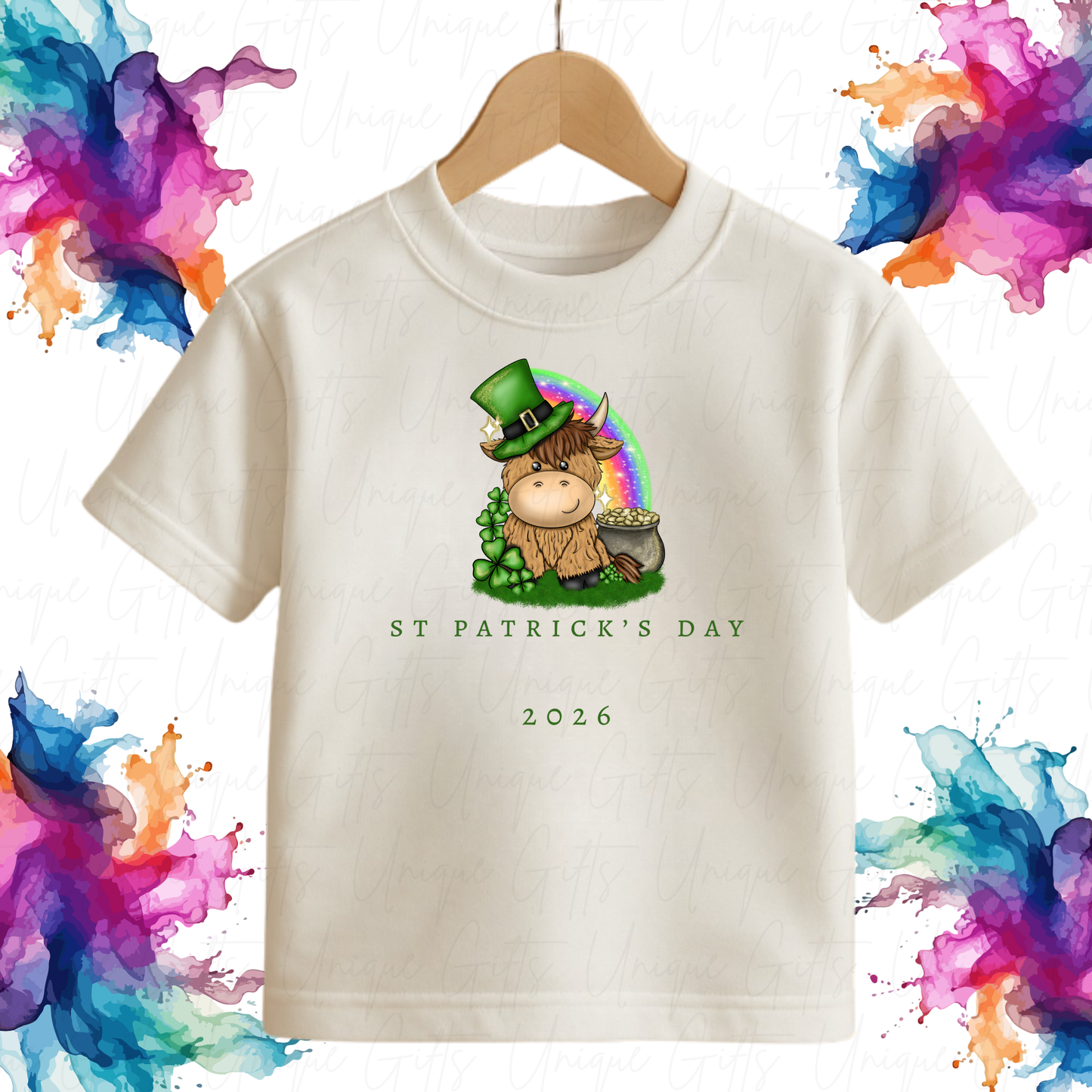 Personalised St Patrick's Day highland cow children's t-shirt – custom name kids tee, sizes 6 months to 5-6 years