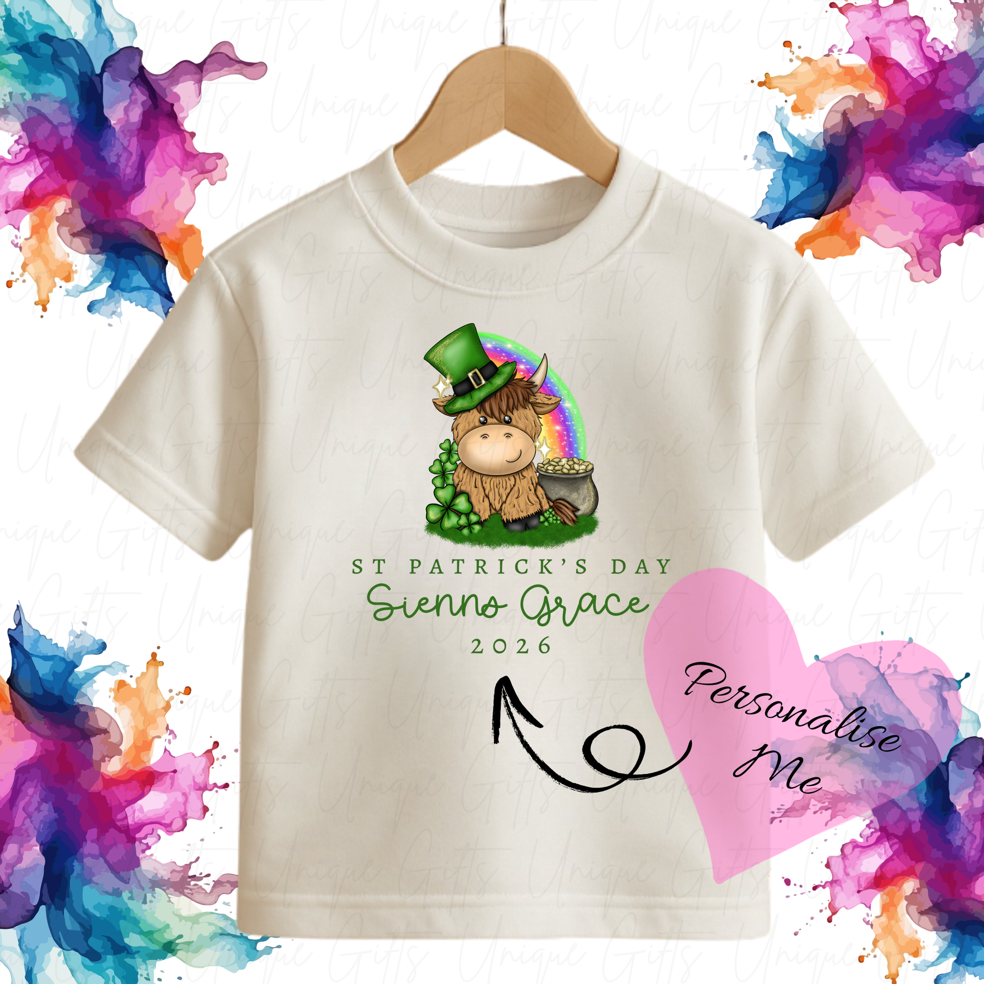 Personalised St Patrick's Day highland cow children's t-shirt – custom name kids tee, sizes 6 months to 5-6 years