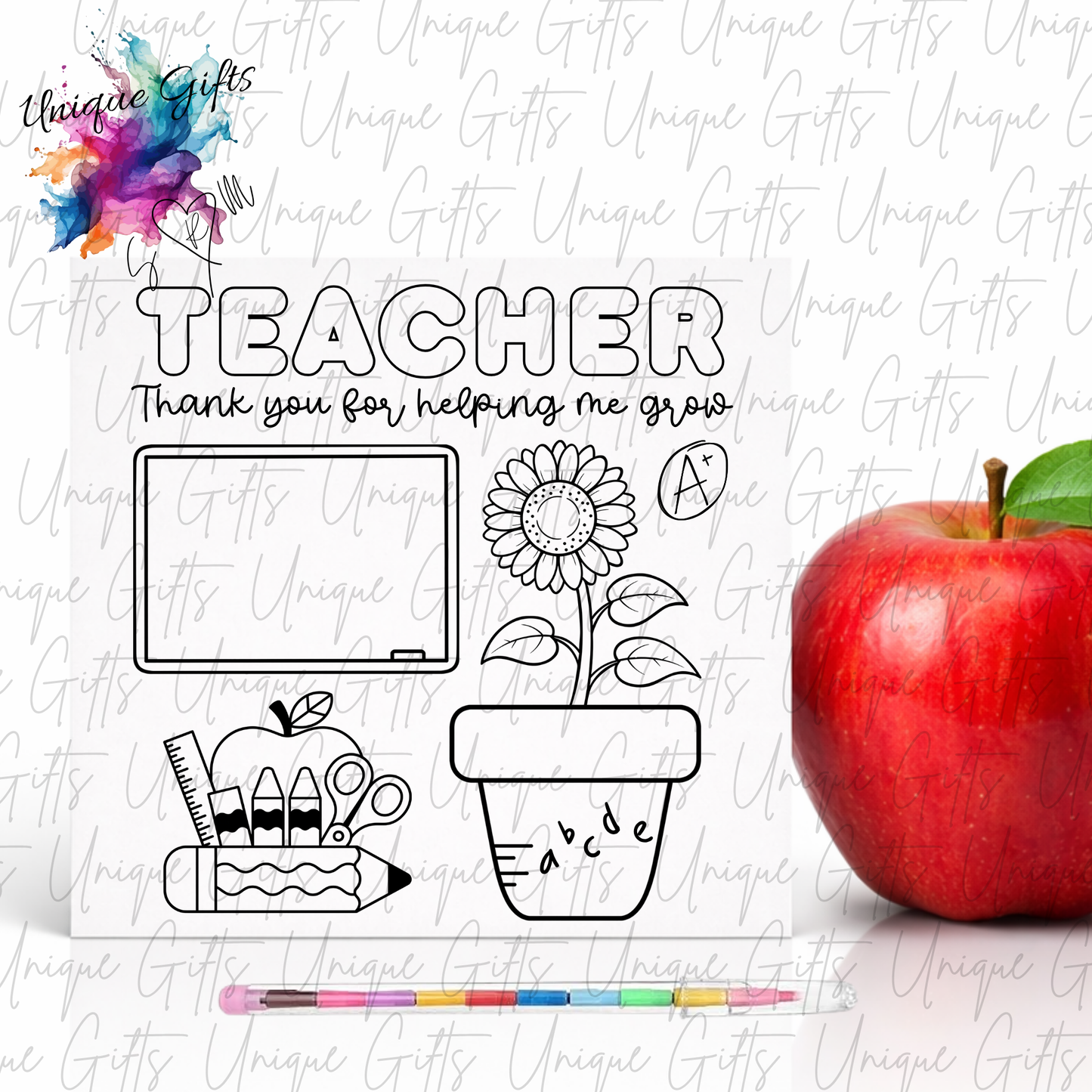 Teacher Thank You for Helping Me Grow colouring card featuring classroom scene with sunflower, apple, crayons and chalkboard illustration