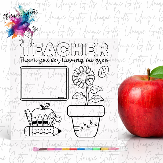 Teacher Thank You for Helping Me Grow colouring card featuring classroom scene with sunflower, apple, crayons and chalkboard illustration