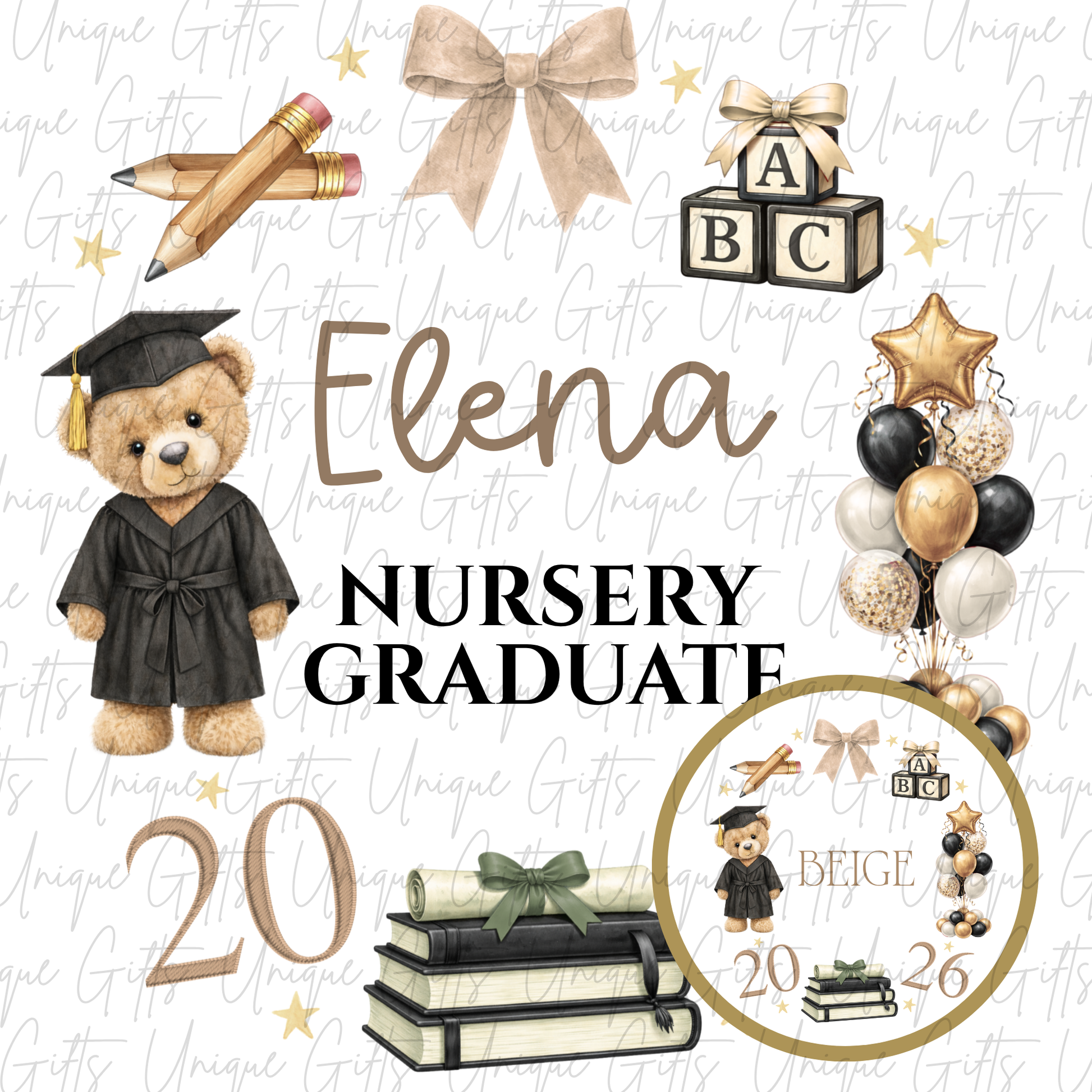 Nursery graduate 2026 card with bear and ABC blocks design with beige personalised name | Unique Gifts