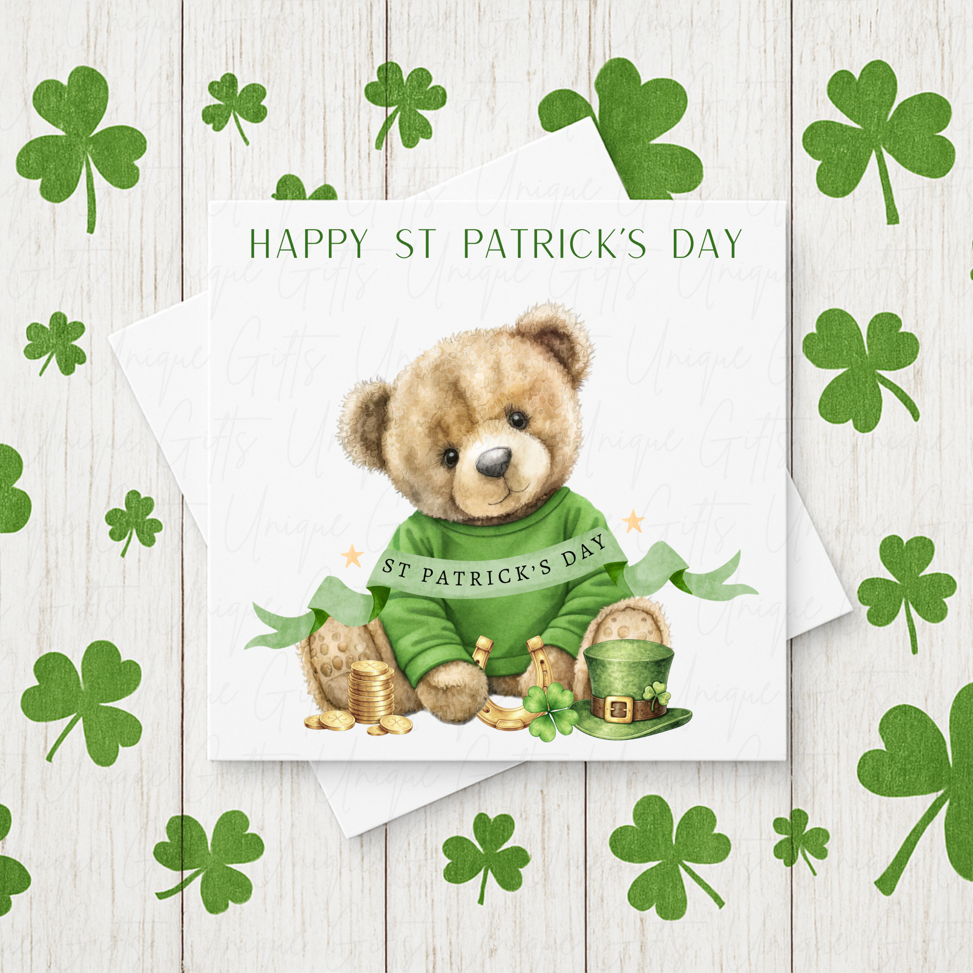 Personalised St Patrick's Day boy bear card – handmade personalised 6x6 inch Irish greeting card