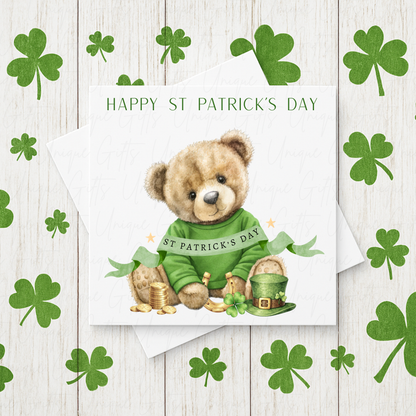 Personalised St Patrick's Day boy bear card – handmade personalised 6x6 inch Irish greeting card