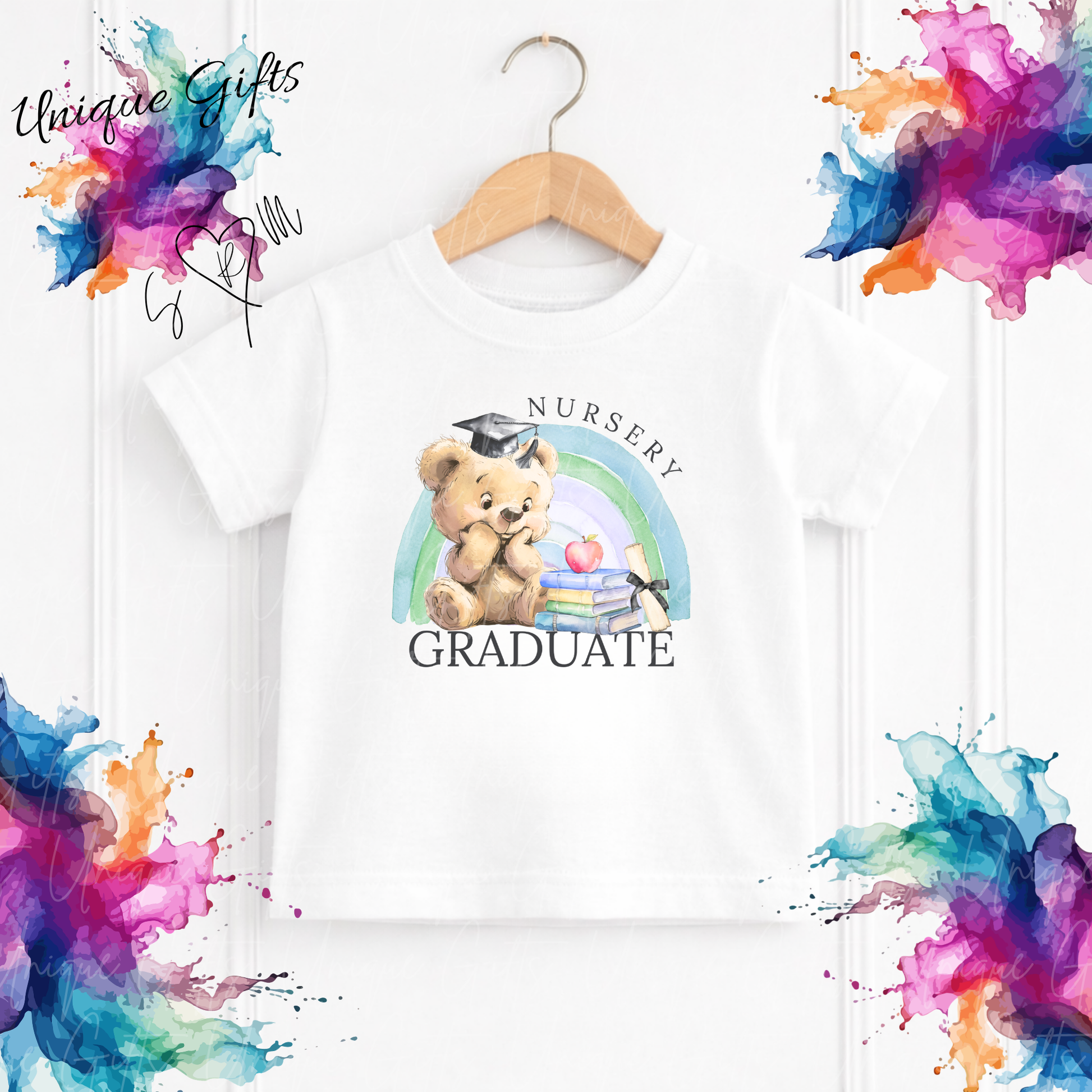 Personalised nursery graduate children's t-shirt – custom name kids tee, sizes 3-4 years to 5-6 years
