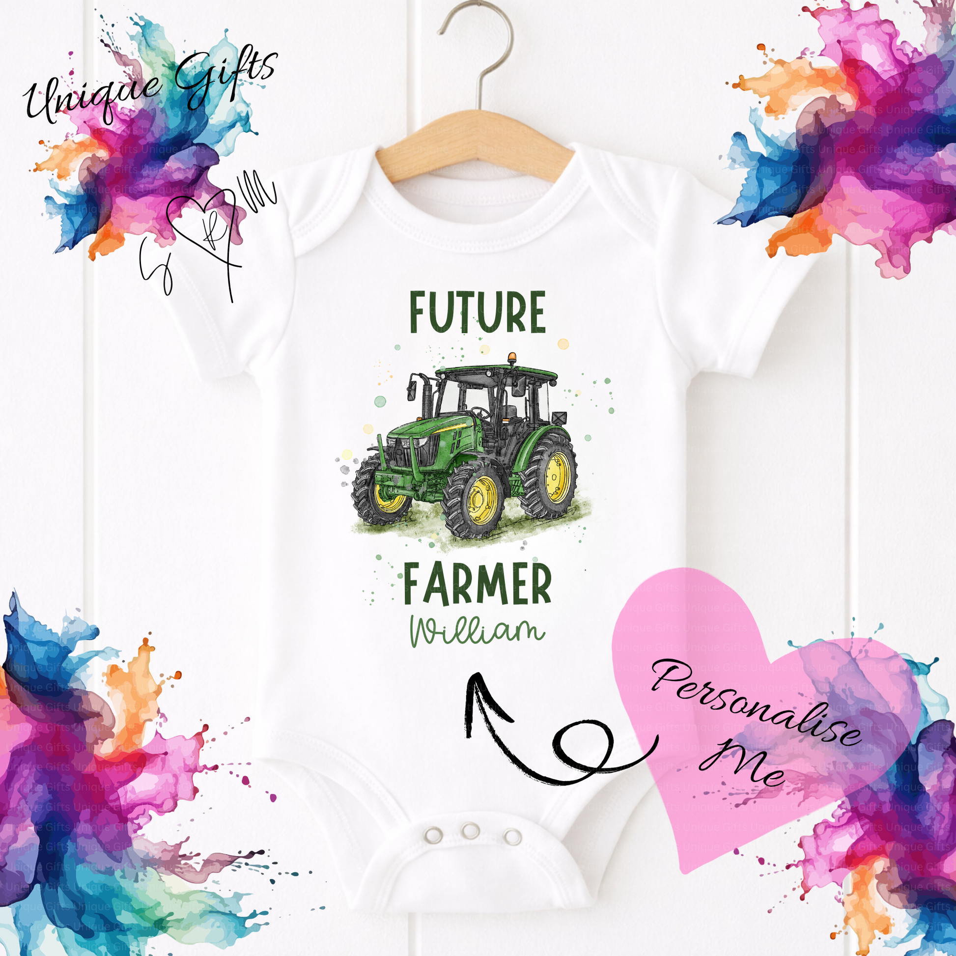Personalised Future Farmer Baby Grow – Tractor Design – Personalised Gift for Baby