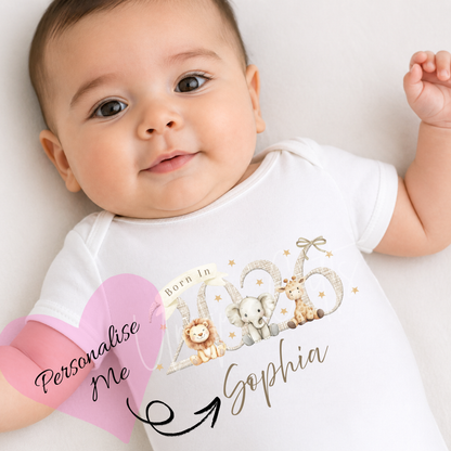 Born in 2026 Safari Animals Baby Grow | Unique Gifts