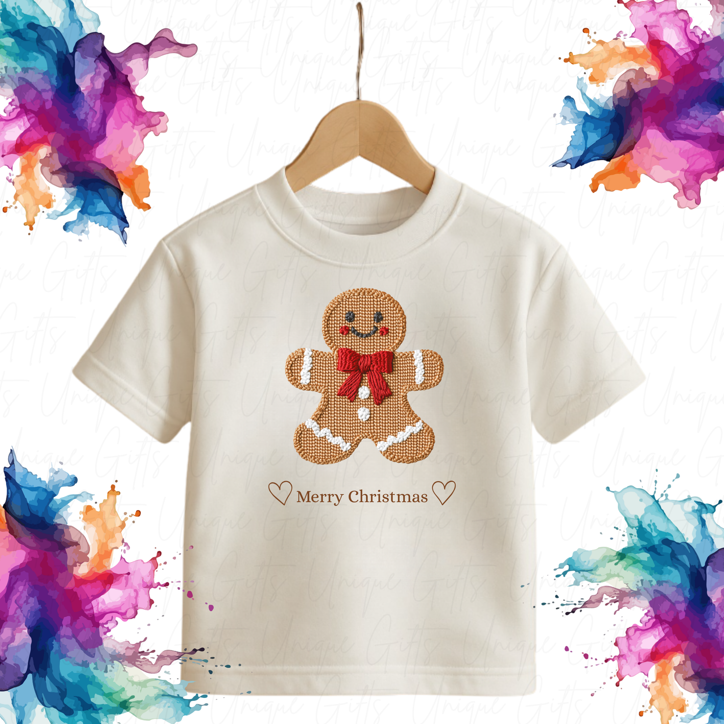 Personalised Gingerbread with Red Bow Christmas T-Shirt for Kids – Custom Name Baby & Toddler Tee | Soft Cotton Blend
