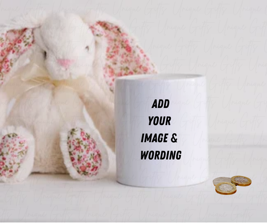 Personalised Ceramic Money Box – White 11oz Cylinder | Custom Piggy Bank with Image or Text & Removable Base