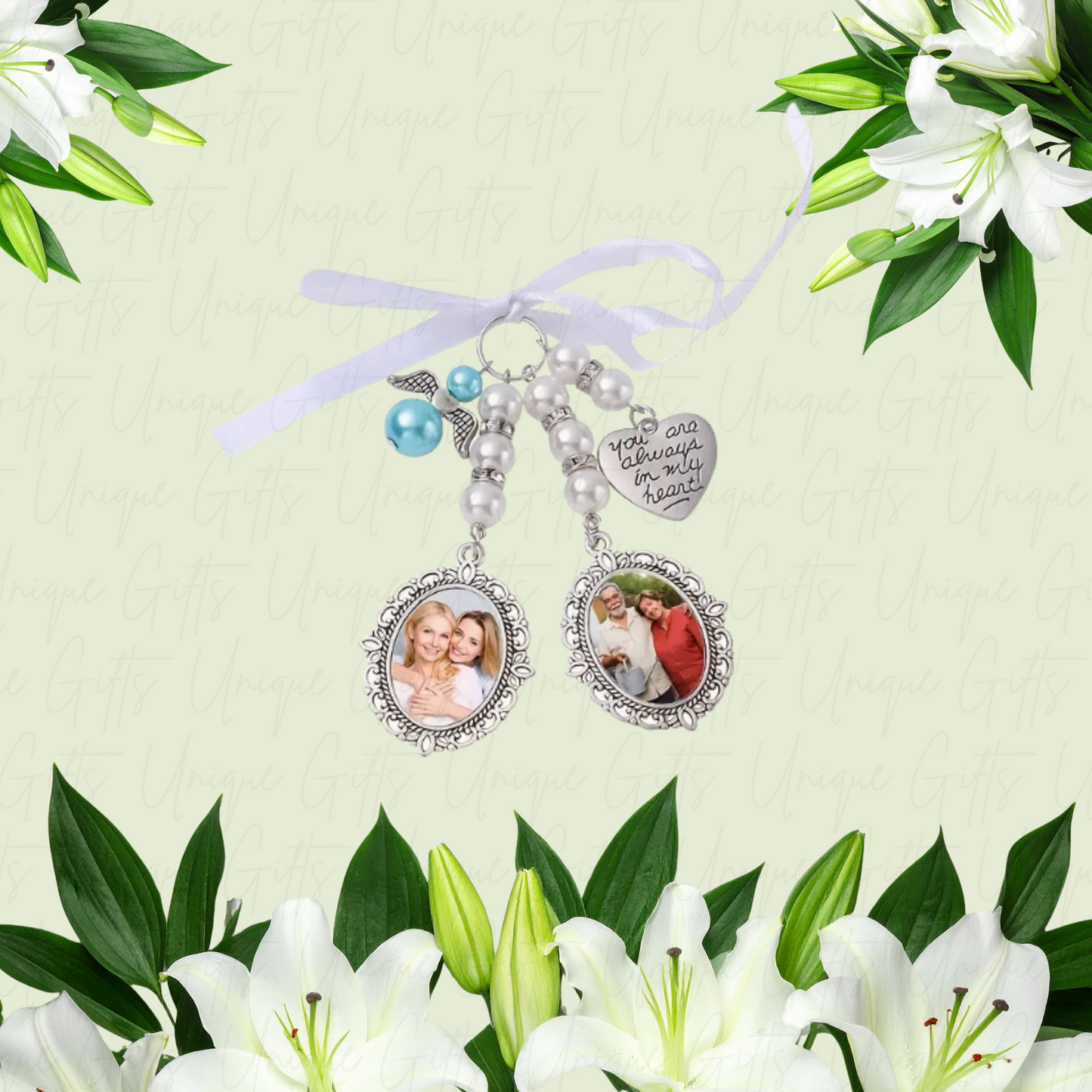 Personalised Photo Pearl Pendant for Wedding Bouquet – Bridal Remembrance Gift – Unique Gifts