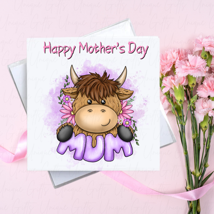 Personalised Mother's Day Card – Highland Cow Holding MUM – With Envelope