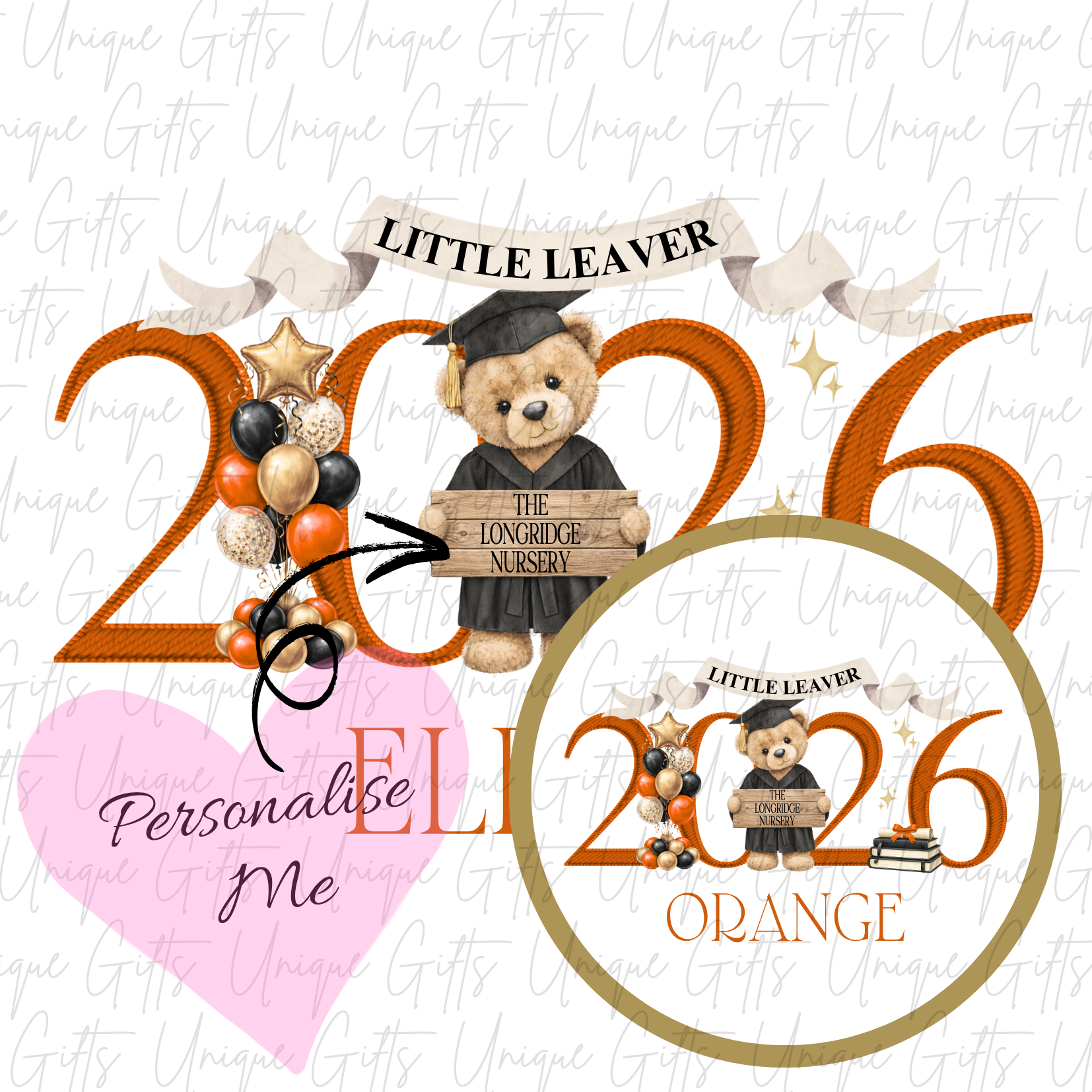 Nursery graduate 2026 card with bear and ABC blocks design with orange personalised name | Unique Gifts