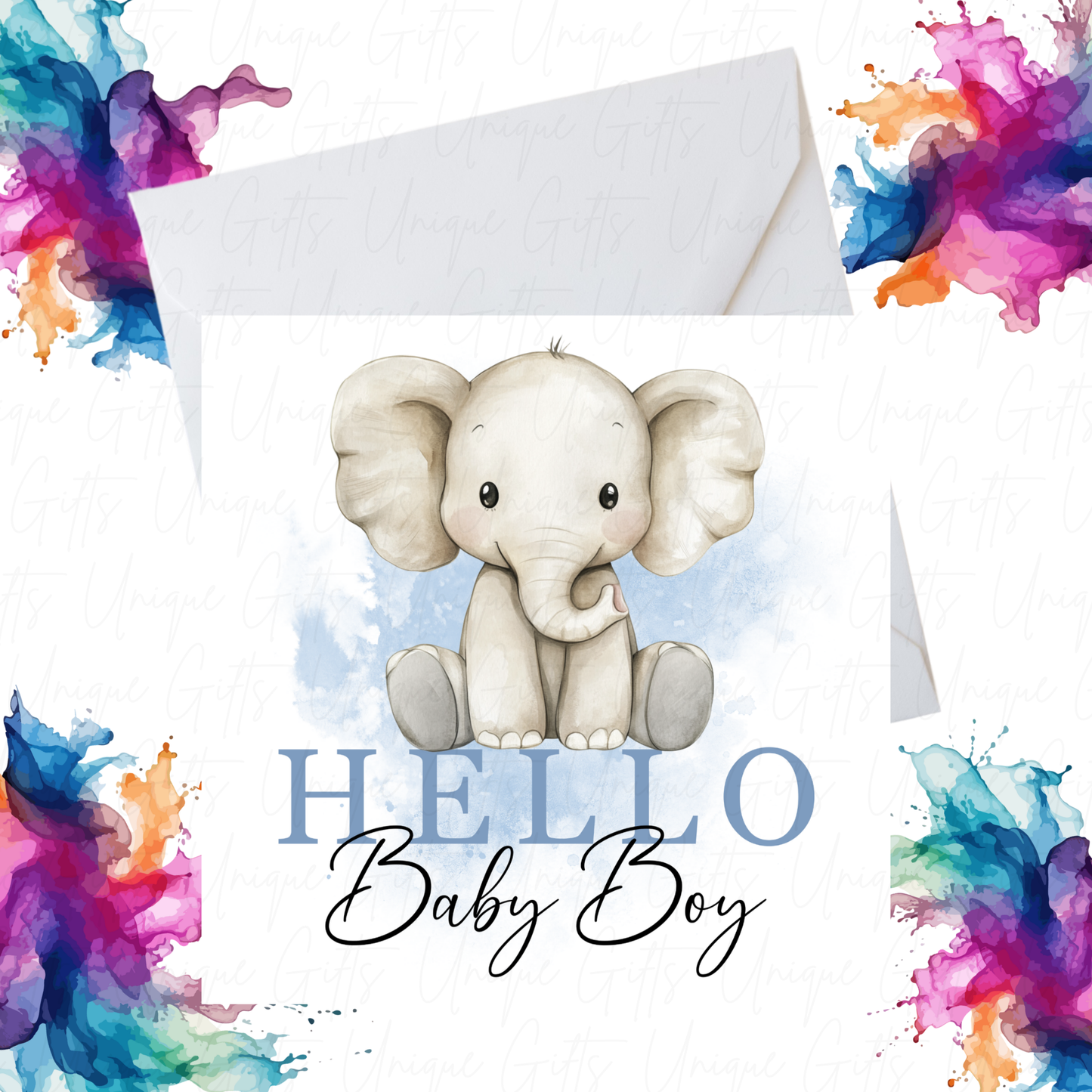 Welcome Baby Boy Card – “Hello Baby Boy” Cute Elephant Design, Handmade