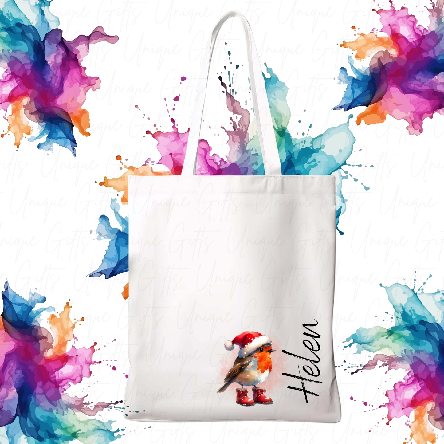 Personalised Robin in Boots Christmas Tote Bag – Custom Xmas Gift Bag | Reusable Holiday Tote UK