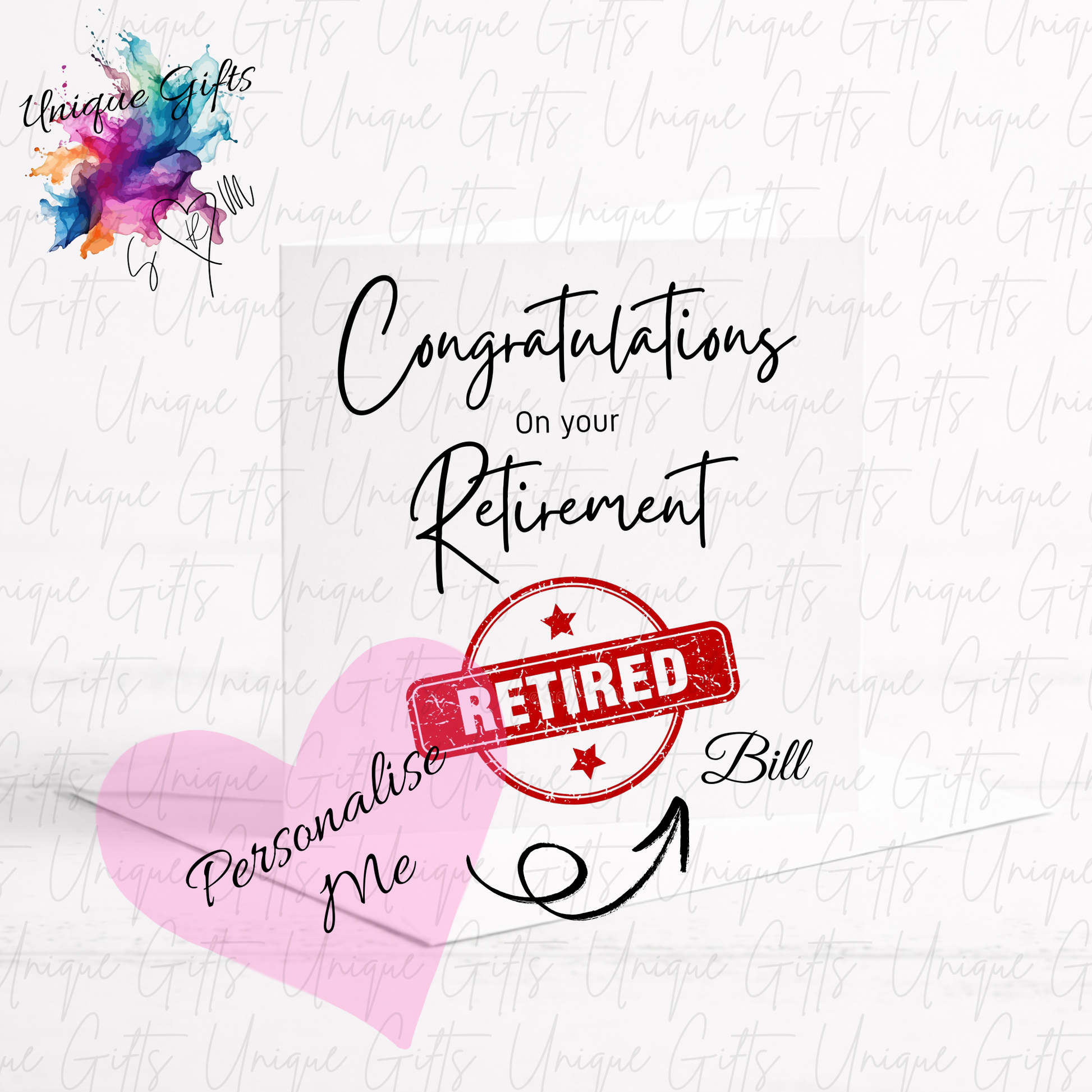 Retirement card showing personalised name on front with colourful paint splash design | Unique Gifts