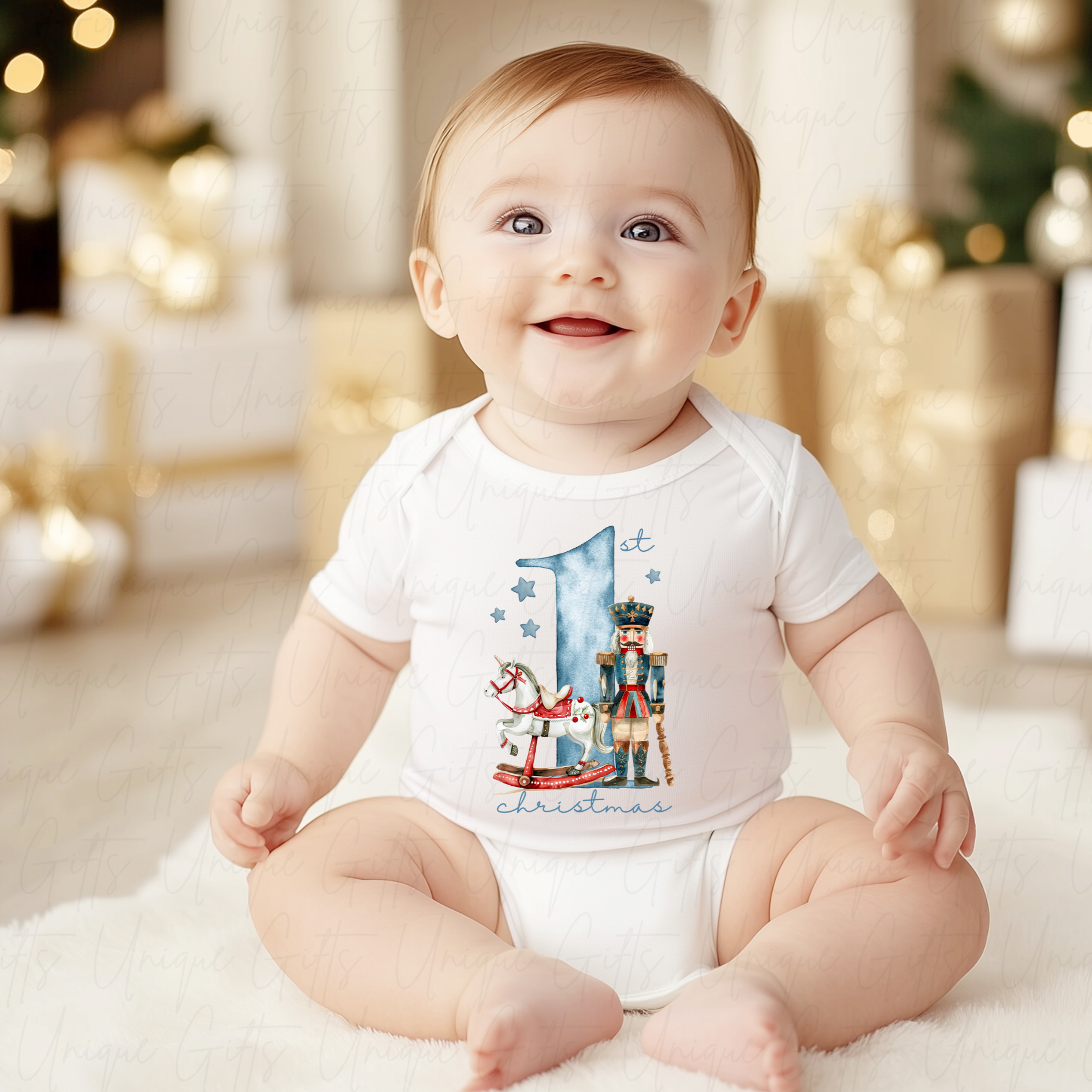 My First Christmas Baby Grow – Red Romper With Santa & Reindeer, Personalised