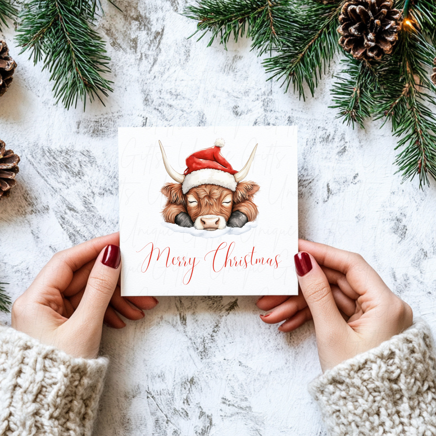 Christmas Card – Highland Cow Design, Handmade Personalised Holiday Greeting Card