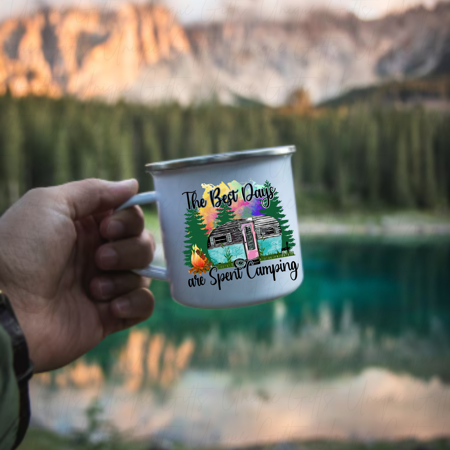 12oz Enamel Mug with Silver Rim – “The Best Days Are Spent Camping” Design | Vintage Camping Mug