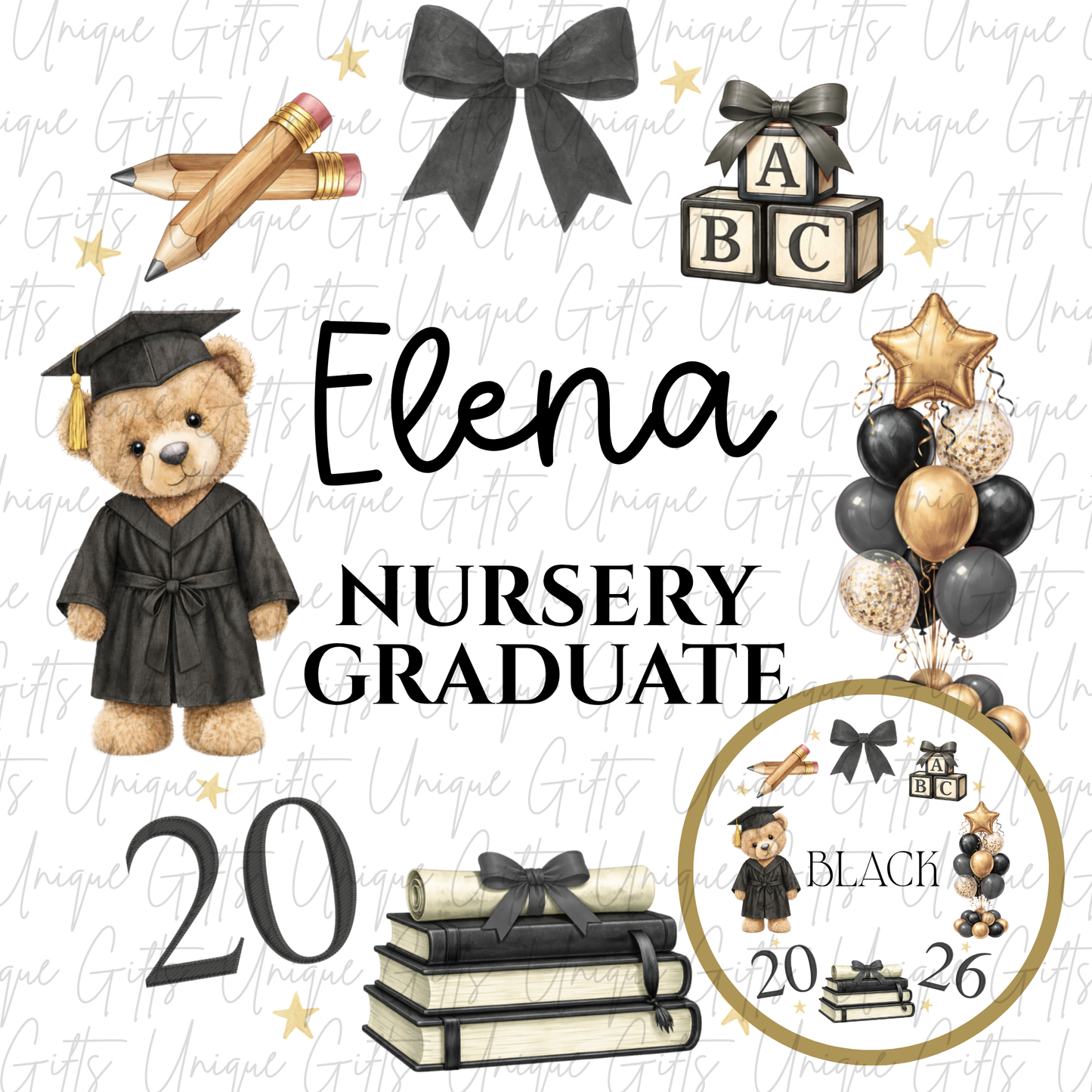 Nursery graduate 2026 card with bear and ABC blocks design with black personalised name | Unique Gifts