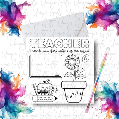 Teacher Thank You for Helping Me Grow colouring card lifestyle mockup showing card with rainbow crayons and colourful splash design