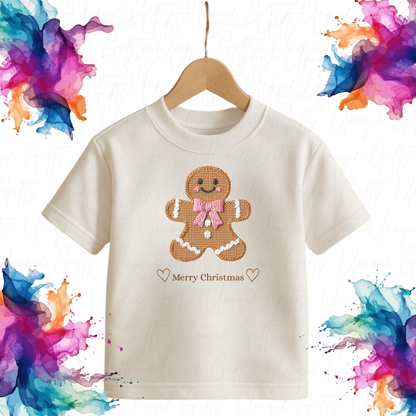 Personalised Gingerbread with Pink Bow Christmas T-Shirt for Kids – Custom Name Baby & Toddler Tee | Soft Cotton Blend