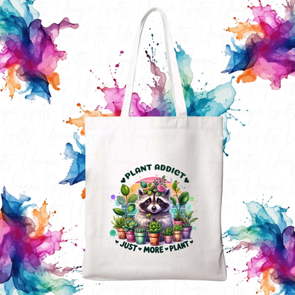 White Tote Bag – Raccoon ‘Plant Addict’ Design, Reusable Everyday Bag