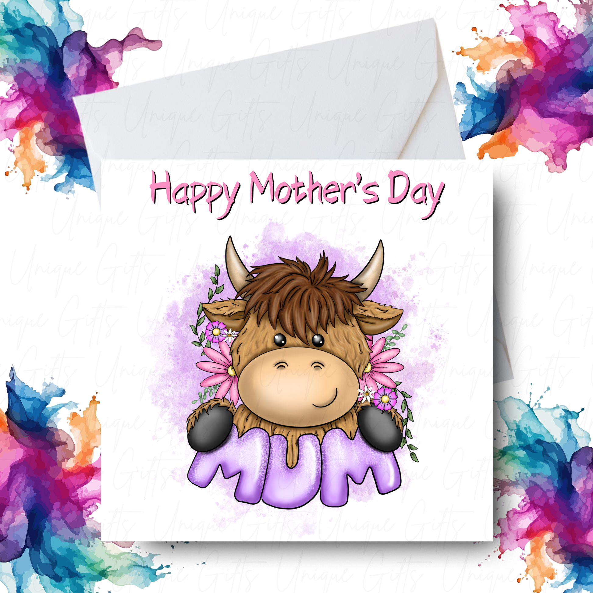 Highland Cow Holding MUM Mother's Day Card Design – Unique Gifts