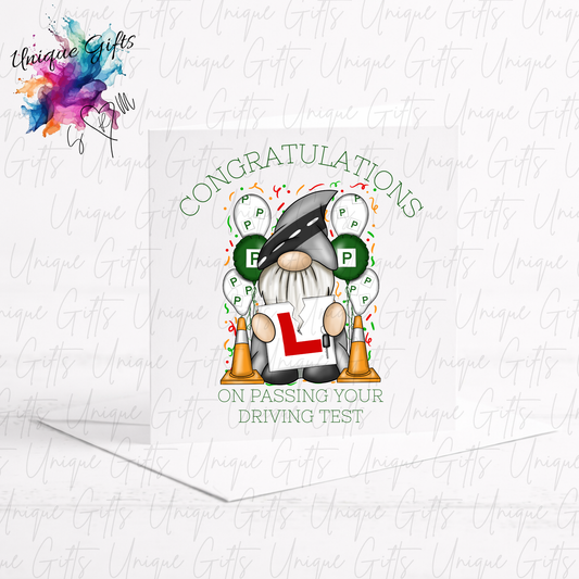 Congratulations on passing your driving test card featuring a cute boy gonk holding an L plate | Unique Gifts