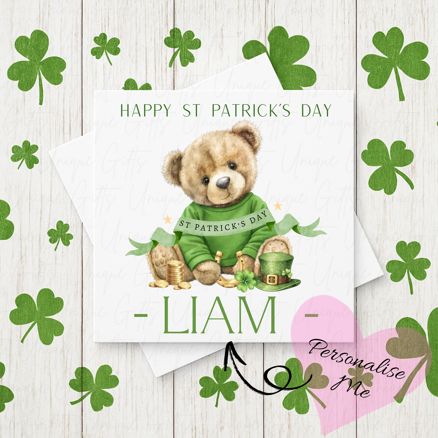 Personalised St Patrick's Day boy bear card – handmade personalised 6x6 inch Irish greeting card
