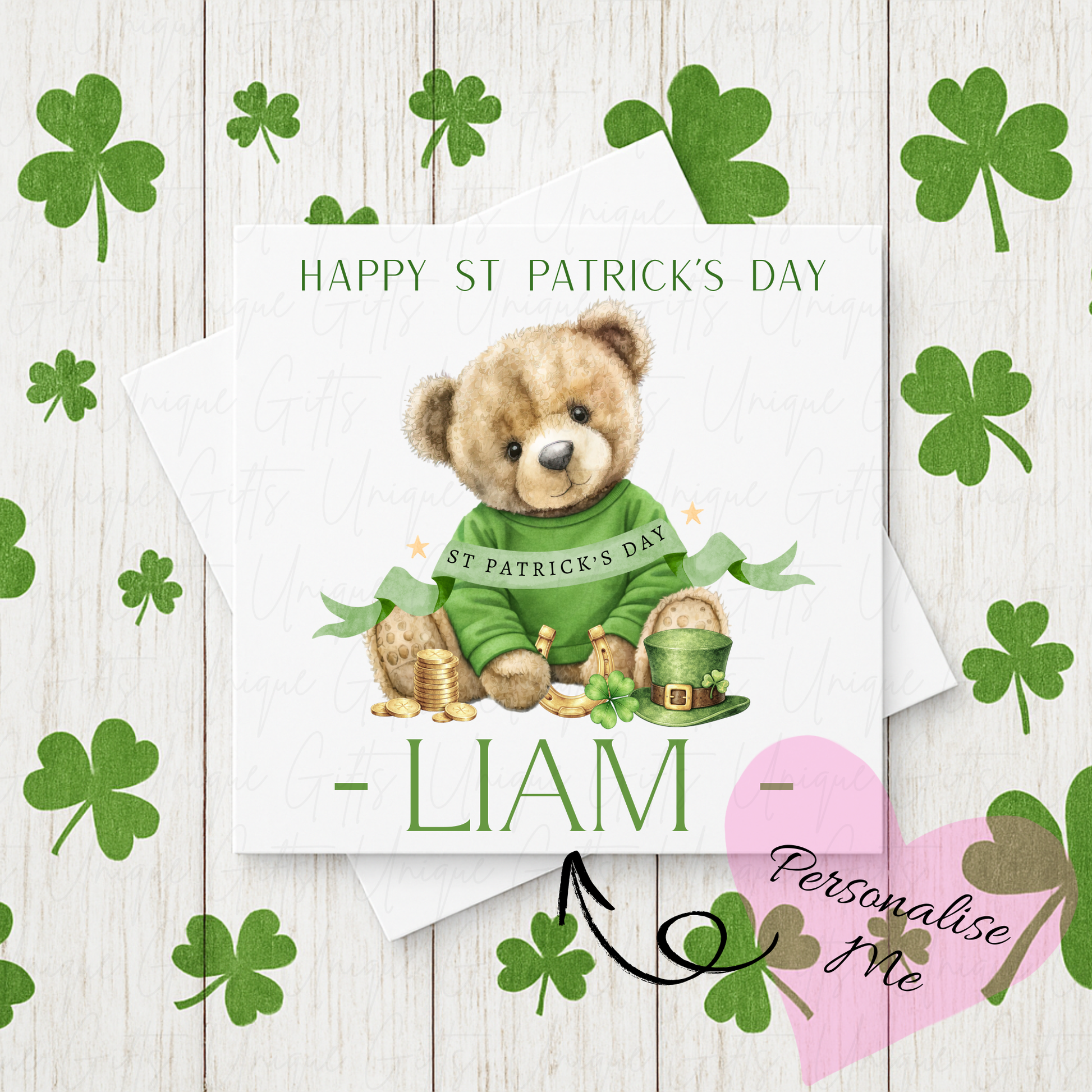 Personalised St Patrick's Day boy bear card – handmade personalised 6x6 inch Irish greeting card