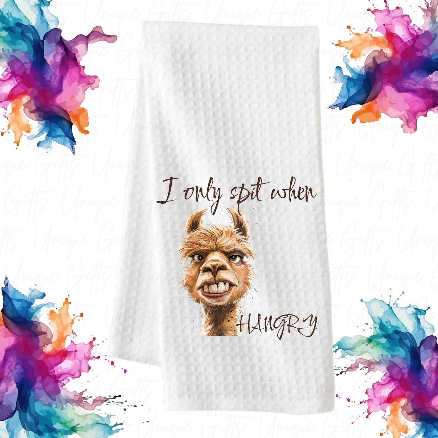 Llama “I Only Spit When Hangry” Kitchen Tea Towel – Waffle Knit