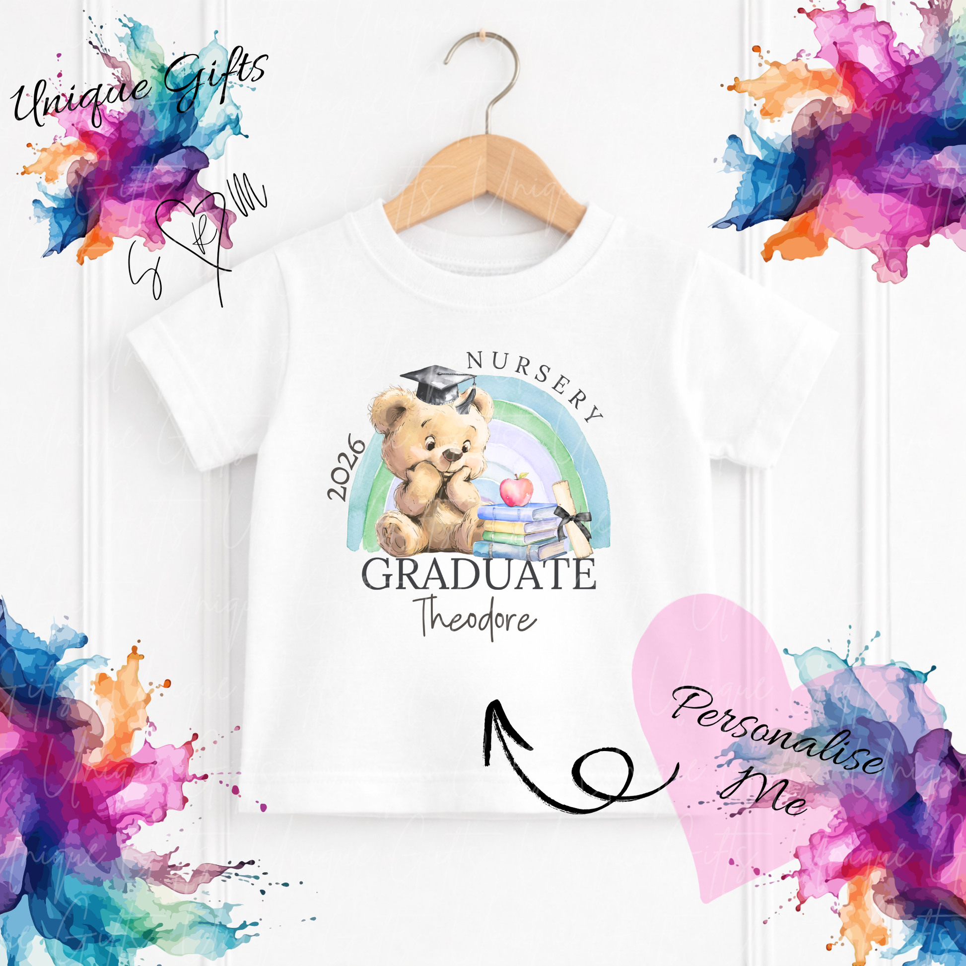 Personalised nursery graduate children's t-shirt – custom name kids tee, sizes 3-4 years to 5-6 years