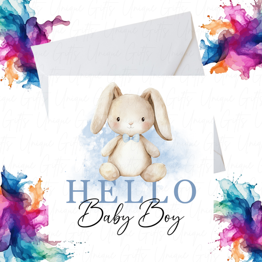 Welcome Baby Boy Card – “Hello Baby Boy” Cute Rabbit Design, Handmade