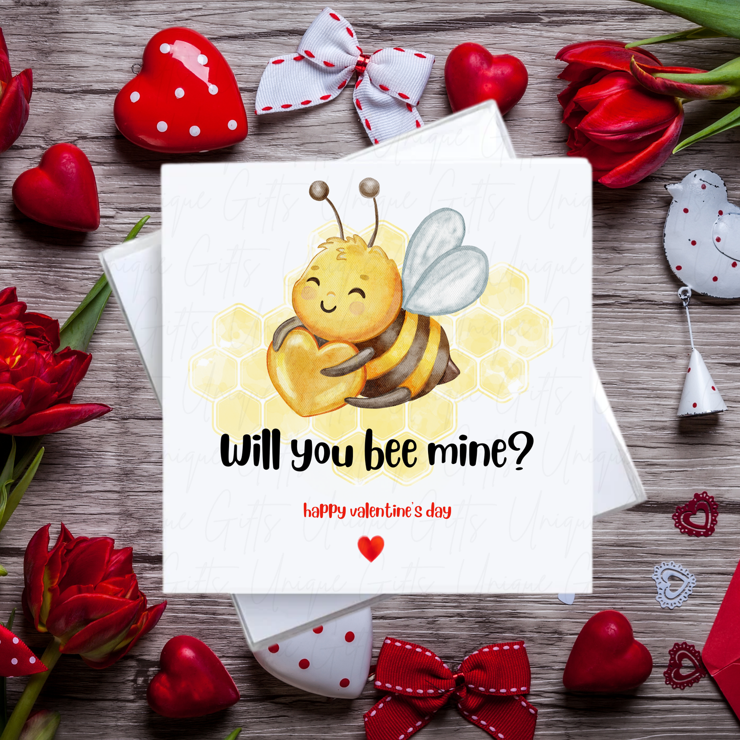 Will You Bee Mine Valentine's Day Card – Hugging Bee Design – Handmade Square Card
