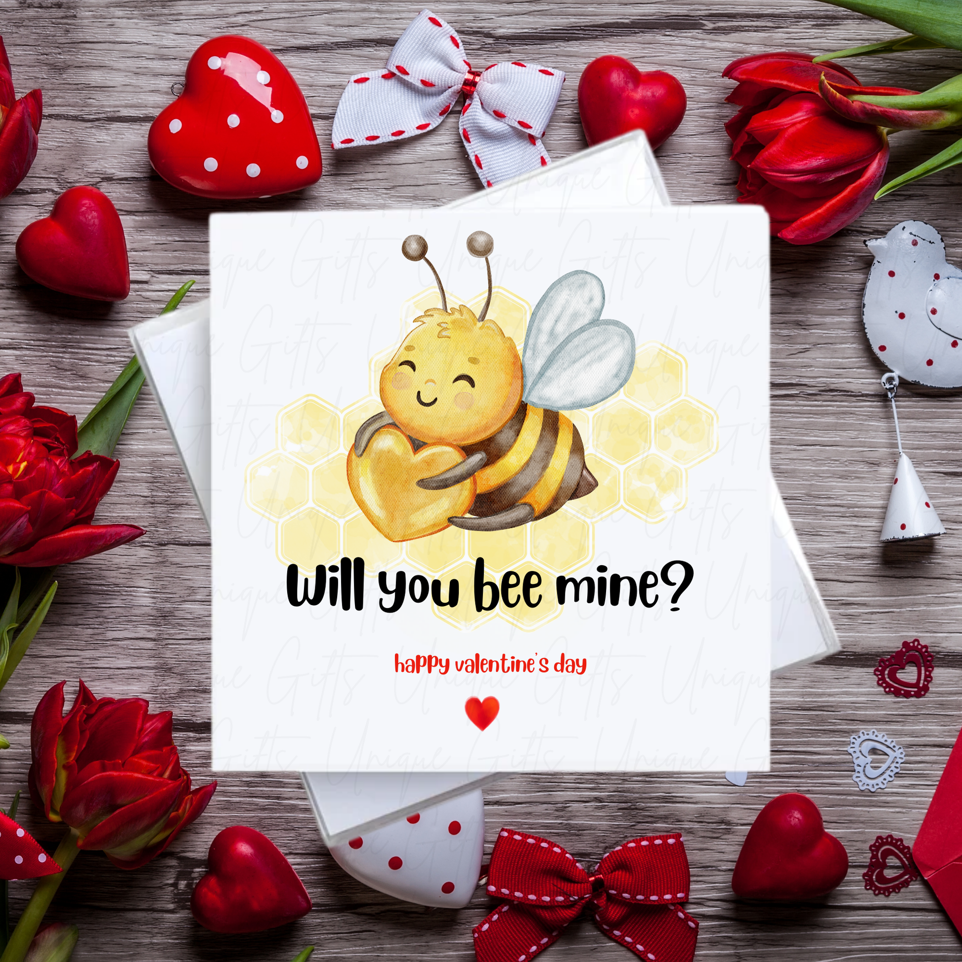 Will You Bee Mine Valentine's Day Card – Hugging Bee Design – Handmade Square Card