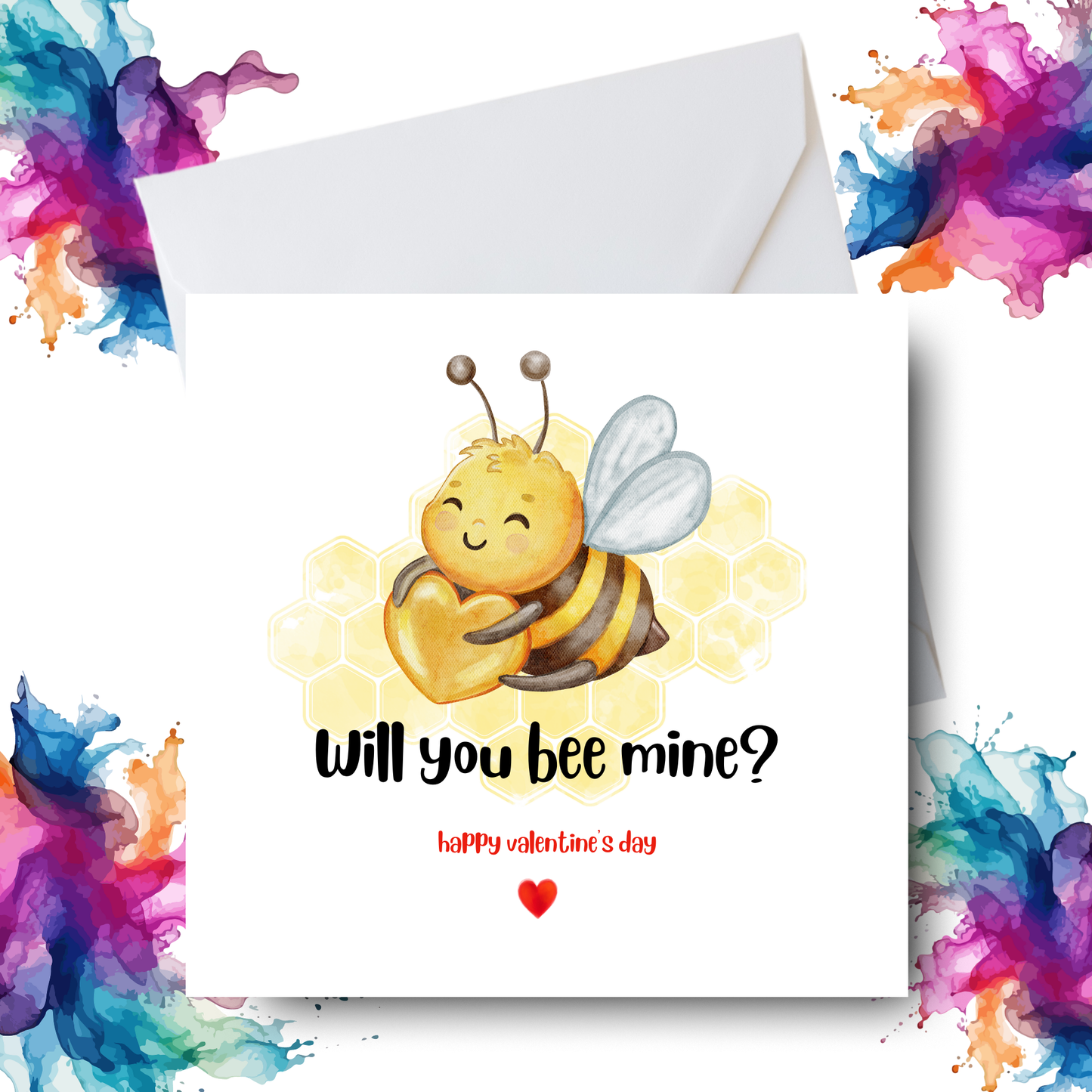 Will You Bee Mine Valentine's Day Card – Hugging Bee Design – Handmade Square Card
