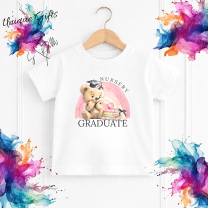 Personalised nursery graduate children's t-shirt – custom name kids tee, sizes 3-4 years to 5-6 years