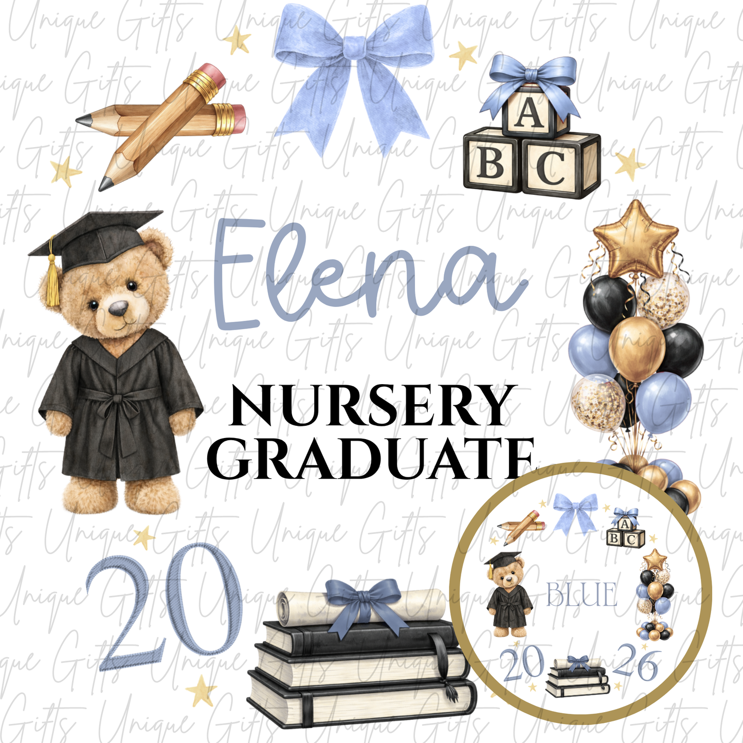 Nursery graduate 2026 card with bear and ABC blocks design with blue personalised name | Unique Gifts