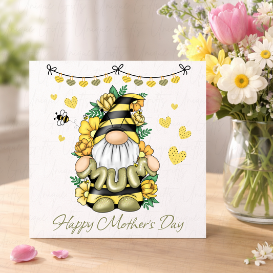 Personalised Mother's Day Card – Yellow Bee Gonk Holding MUM – Lifestyle Shot
