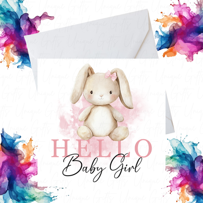 Welcome Baby Girl Card – “Hello Baby Girl” Cute Rabbit Design, Handmade