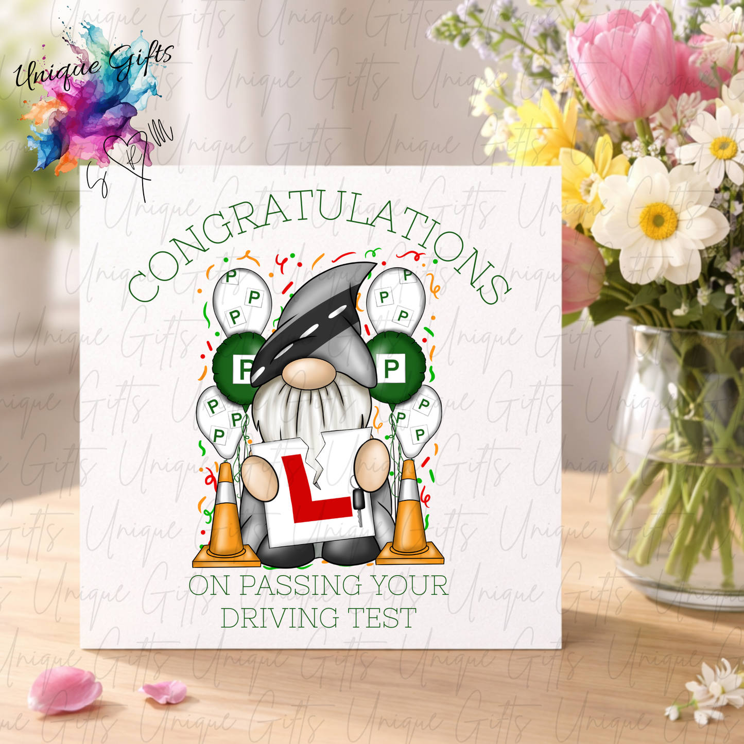 Boy gonk driving test congratulations card displayed with flowers | Unique Gifts