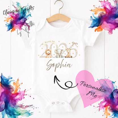 Born in 2026 Safari Animals Baby Grow | Unique Gifts