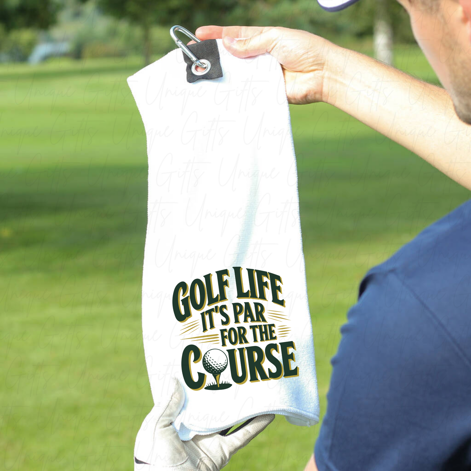 Personalised golf towel – golf life it's par for the course – custom name microfiber towel with clip