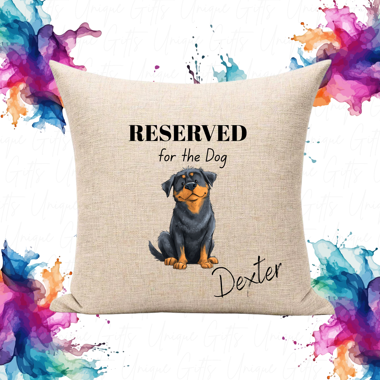 Personalised Rustic Linen Look Cushion Cover – 40cm Square | Reserved for the Dog