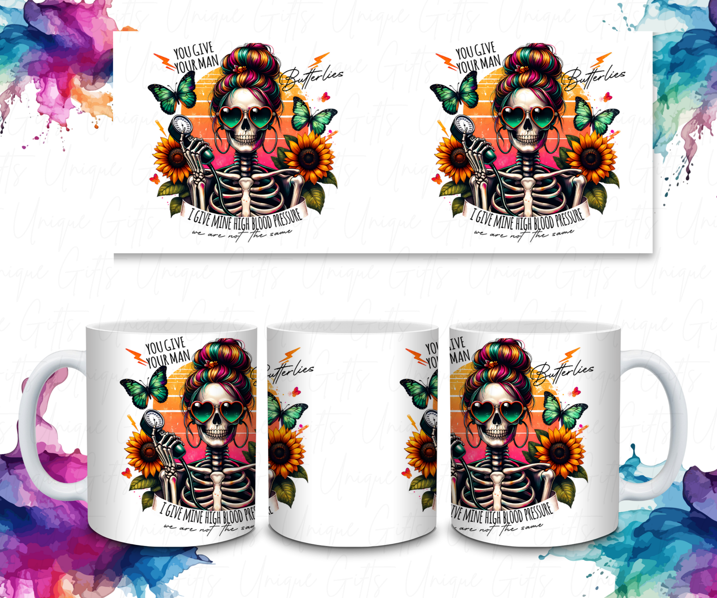 Adult Coffee Mug Featuring a Skeleton, I Give My Man High Blood Pressure.