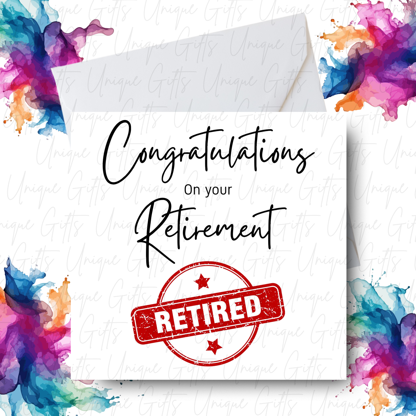 Close-up of retirement card front with vibrant paint splash corners and red RETIRED stamp | Unique Gifts