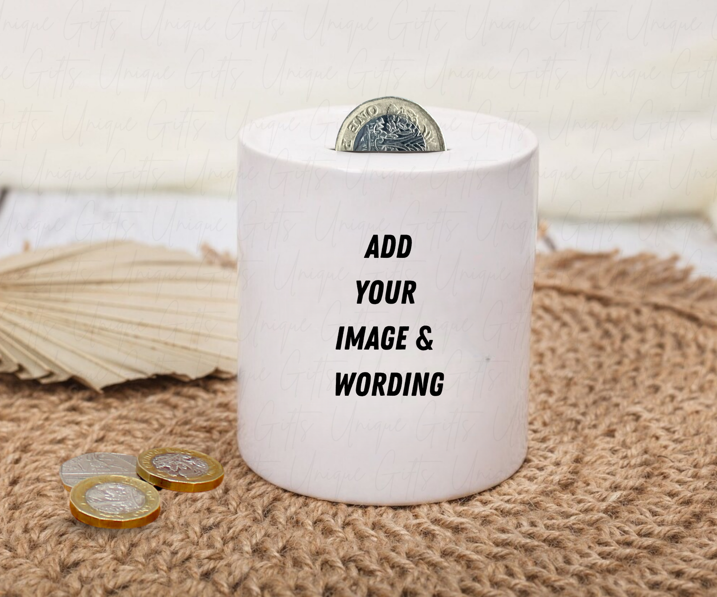 Personalised Ceramic Money Box – White 11oz Cylinder | Custom Piggy Bank with Image or Text & Removable Base