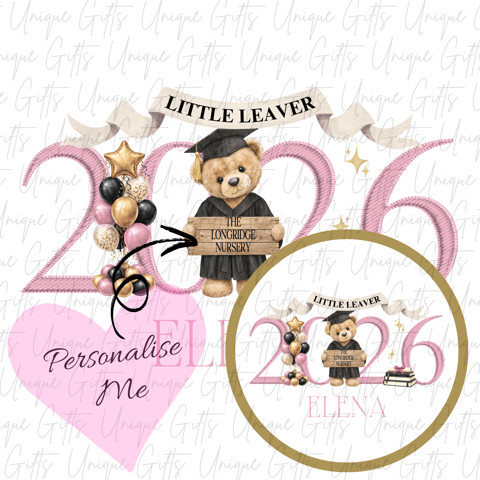 Nursery graduate 2026 card with bear and ABC blocks design with pink personalised name | Unique Gifts